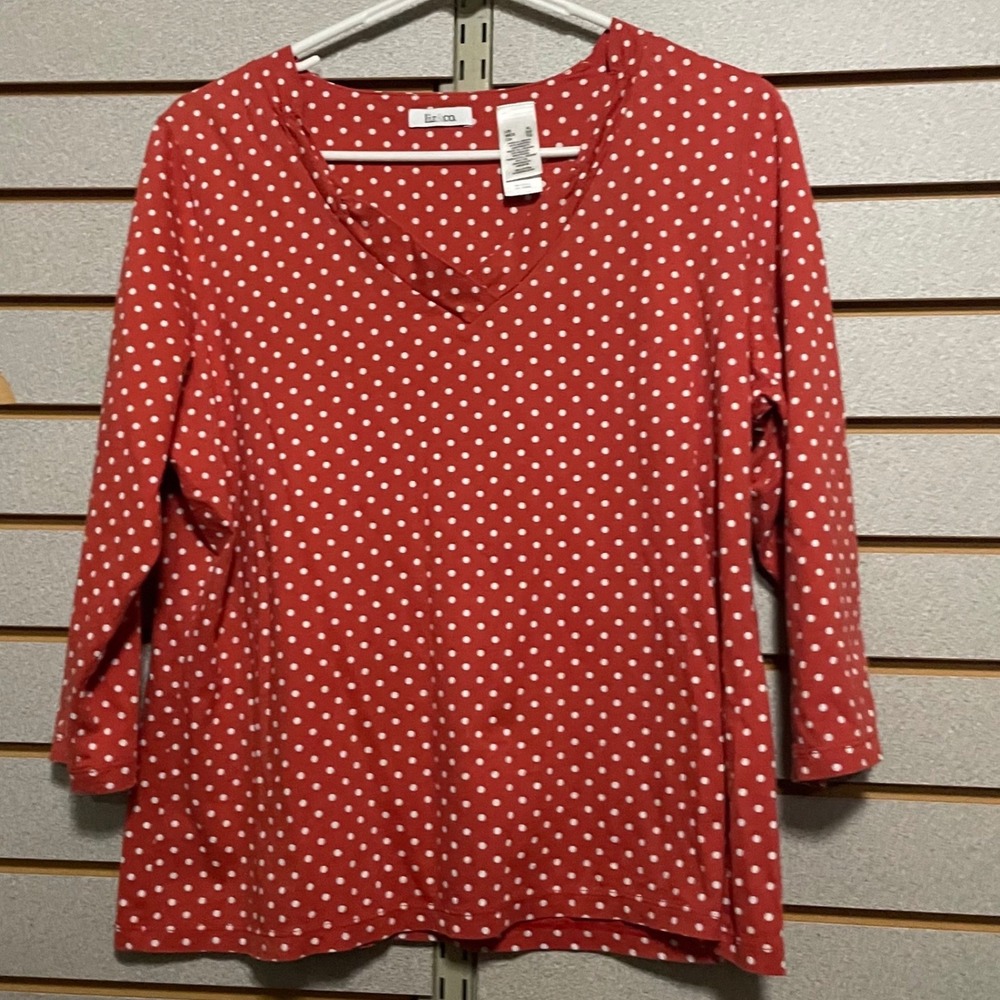 Liz‎ & Co Reddish Orange White Polka Dot V Neck 3/4 Sleeve Casual T Shirt Top XL